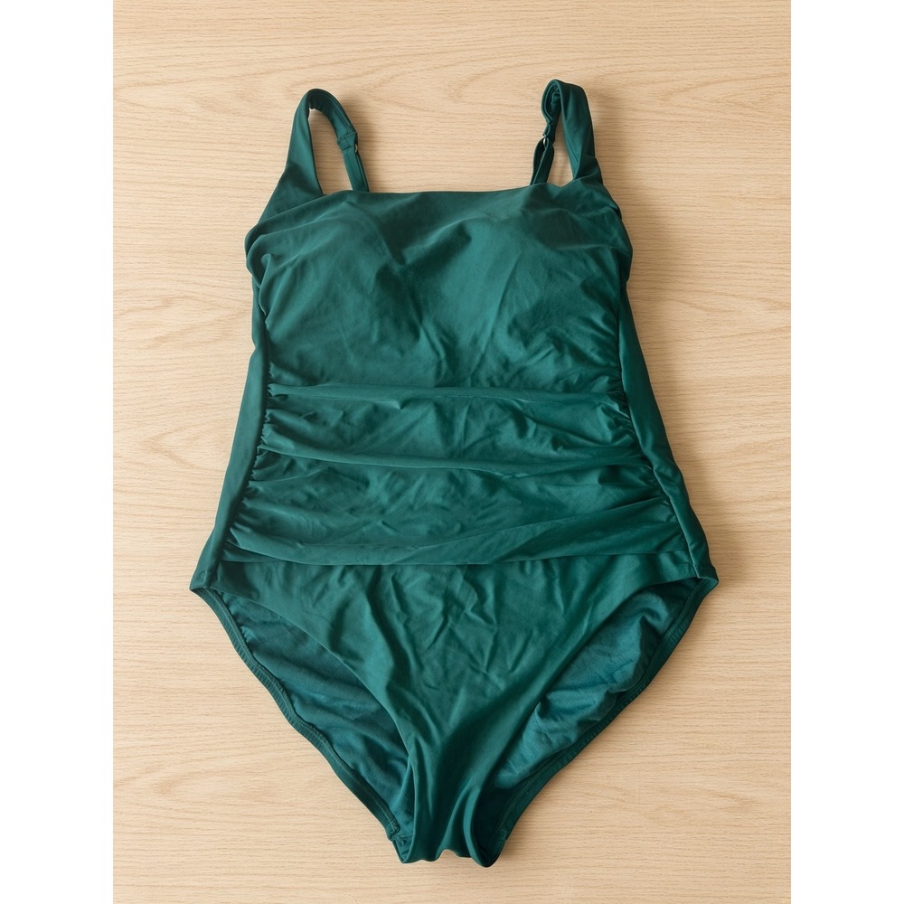 Shade & Shore Womens Ruched One Piece Swimsuit Dark Green XL 16 Square Neck
